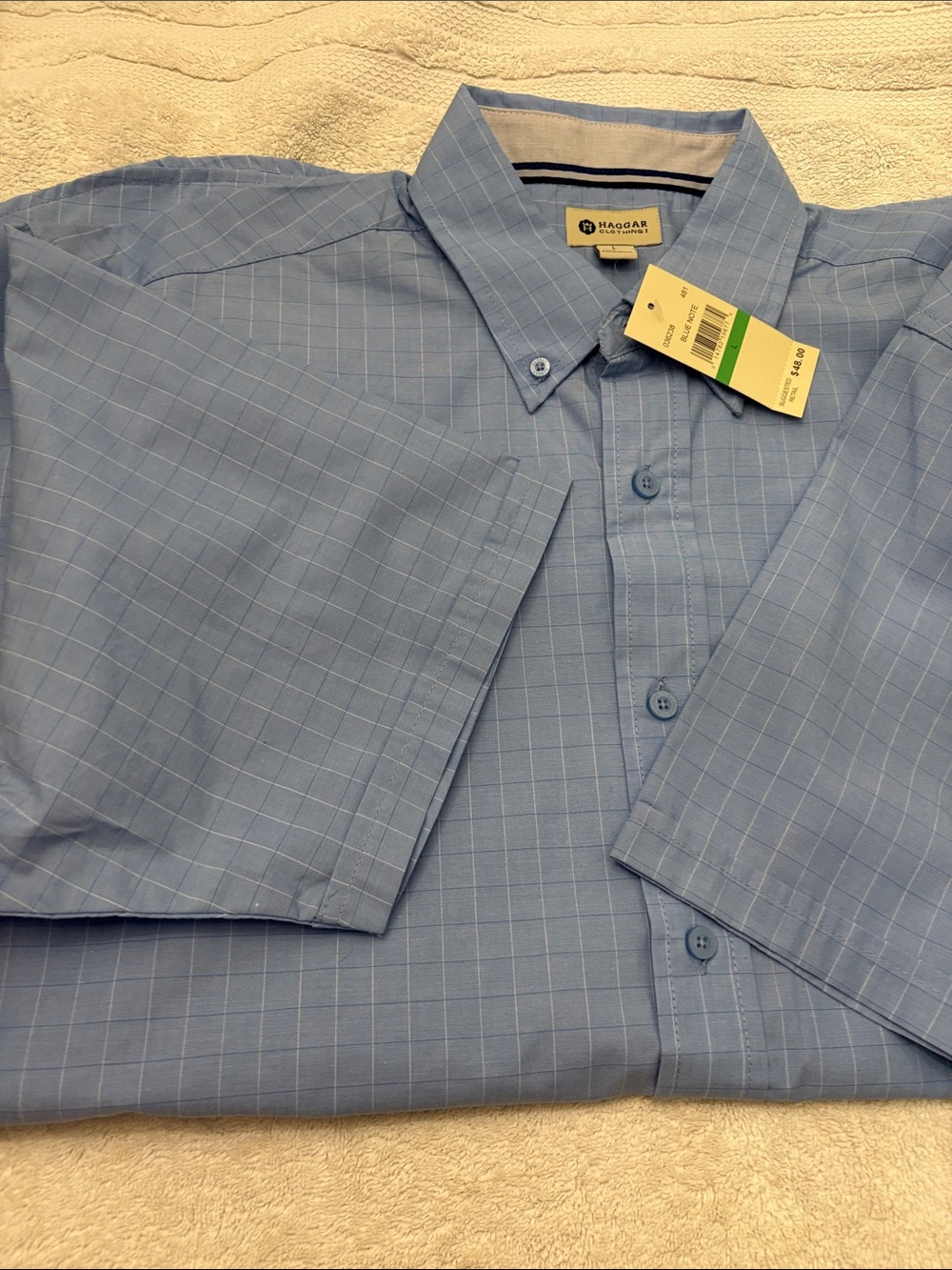 Haggar Light Blue Grid-Pattern Short Sleeve Button-Down Shirt